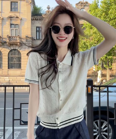 한 부서 POLO 칼라 화이트 스트라이프 니트 반팔 티셔츠 여성 여름 고급 센스 품격 다용도 홀로우 아웃 작은 맨위