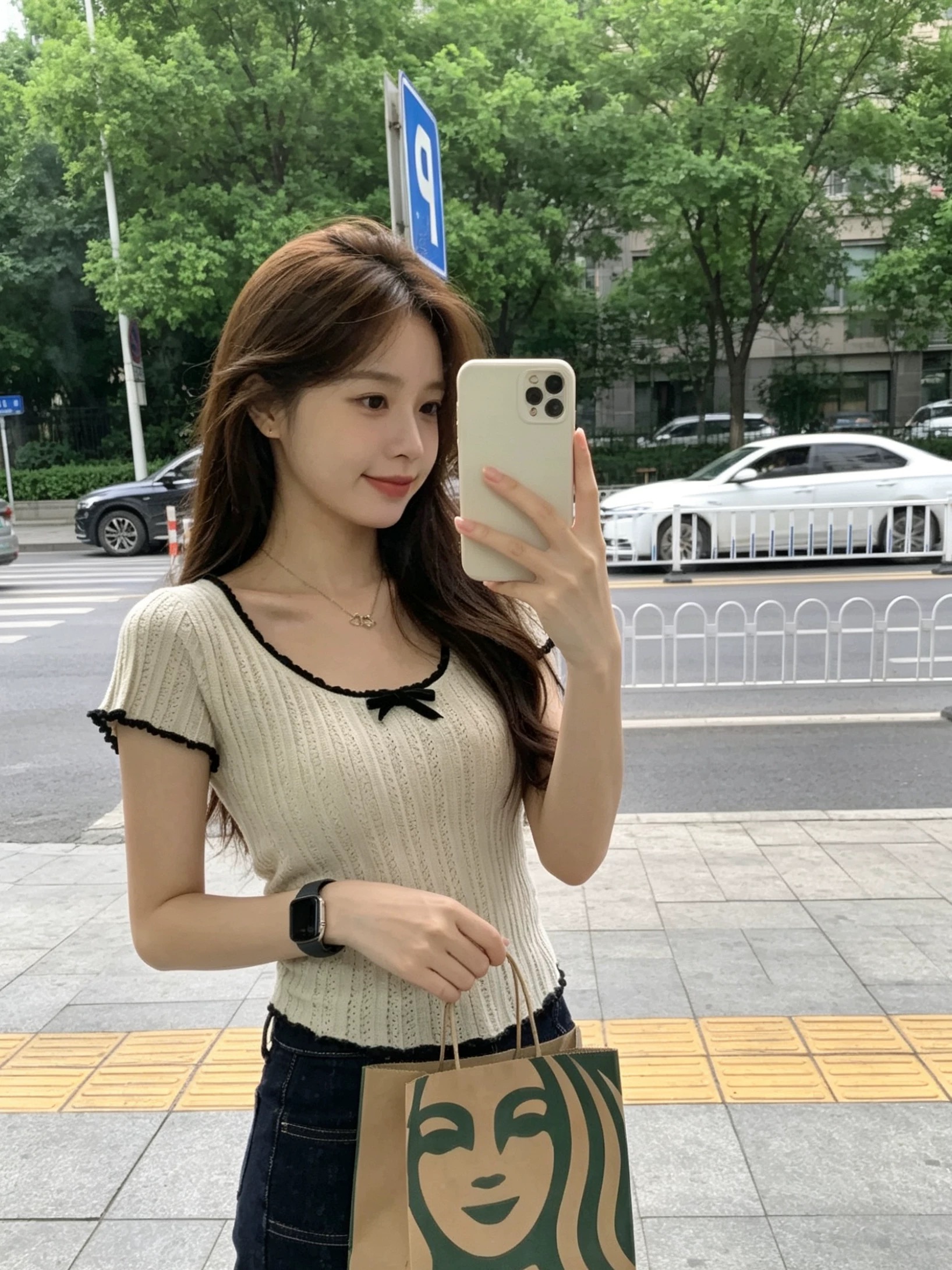 순수한 욕망 아름다운 여름 프랑스식 배색 나비 매듭 홀로우 아웃 몸매 가꾸기 니트 반팔 티셔츠 여성 짧은 달콤한 매운맛 맨위