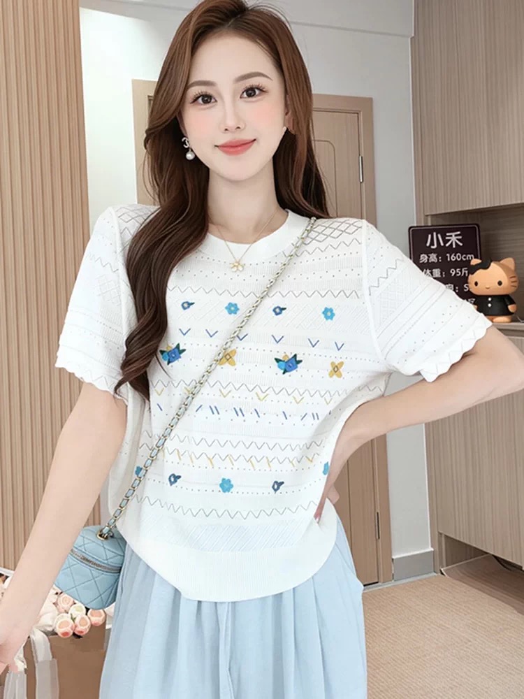 프랑스식 신선함 달콤함 색상 자수 얼음 실크 니트 스웨터 여성 여름 Chic 작은 대중 연령 감소 반팔 티셔츠 맨위