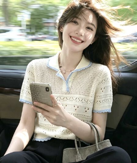 프랑스식 배색 칼라 측면 홀로우 아웃 자수 니트 스웨터 여성 여름 새로운 디자인 센스 작은 대중 외부 가져 가라. 몸매 가꾸기 맨위 트렌디