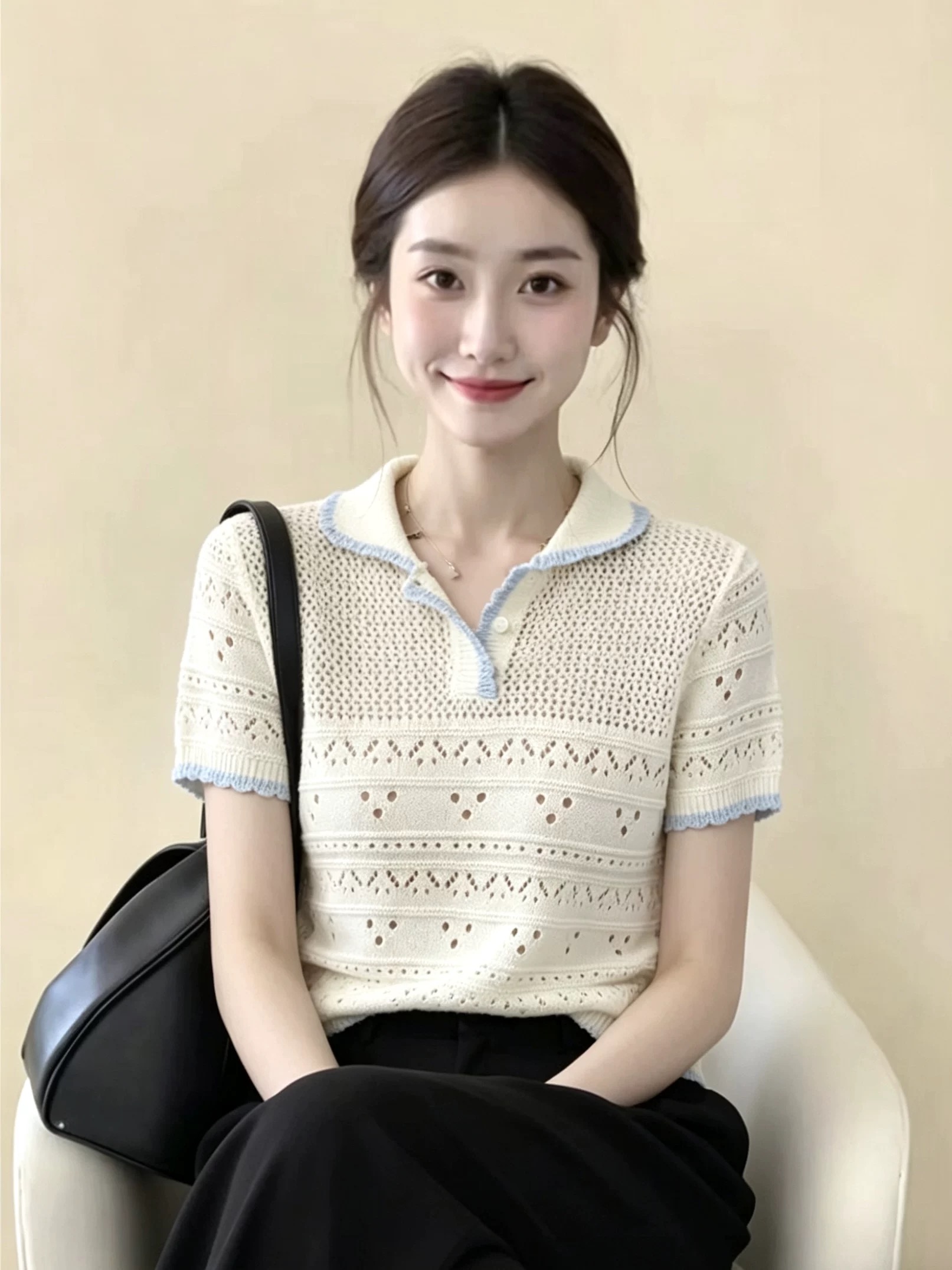 프랑스식 배색 작은 청신 칼라 측면 홀로우 아웃 자수 니트 스웨터 여성 여름 새로운 반팔 디자인 센스 연령 감소 맨위