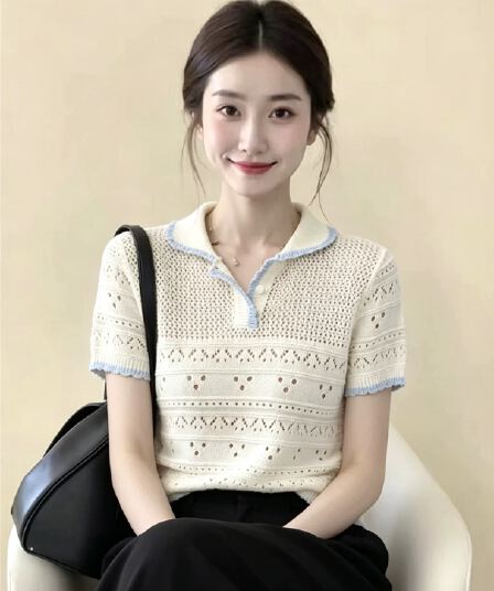 프랑스식 배색 작은 청신 칼라 측면 홀로우 아웃 자수 니트 스웨터 여성 여름 새로운 반팔 디자인 센스 연령 감소 맨위