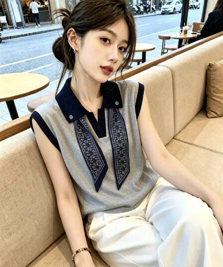 캐주얼 바람 스트라이프 POLO 칼라 스카프 니트 조끼 여성 여름 Chic 아름다운 민소매 맨위