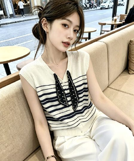 한 부서 V넥 반팔 티셔츠 여성 2026 새로운 스카프 리본 디자인 센스 맨위 여름 다용도 얇은 스타일 니트 스웨터