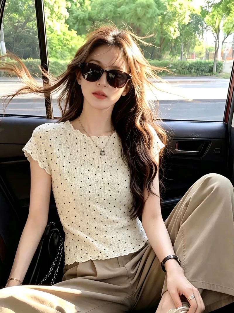 한 부서 도트 무늬 프릴 Feifei 소매 티셔츠 여성 여름 새로운 달콤함 부드러운 슬림해 보이는 맨위