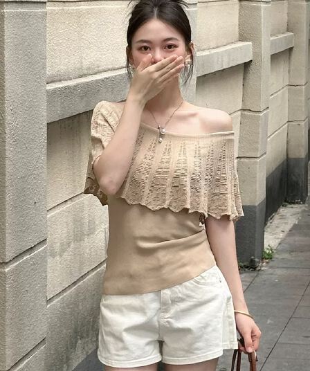 프랑스식 슈퍼 잘 생긴 홀로우 아웃 오프숄더 니트 스웨터 여성 여름 올해 인기 폭발 몸매 가꾸기 슬림해 보이는 품격 맨위