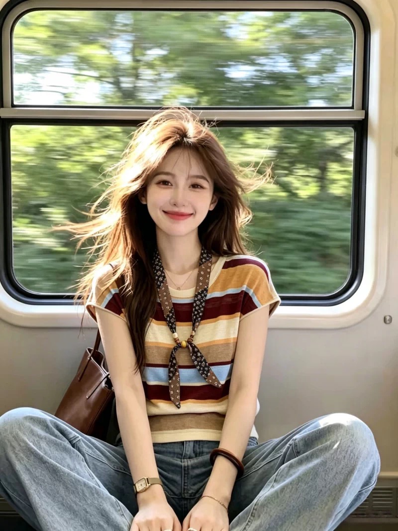 한 부서 배색 스트라이프 리본 반팔 티셔츠 여성 여름 새로운 루즈핏 슬림해 보이는 얇은 스타일 맨위