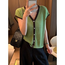 批发韩系V领撞色后背钩花镂空针织开衫女夏季薄款显瘦气质高级感上衣