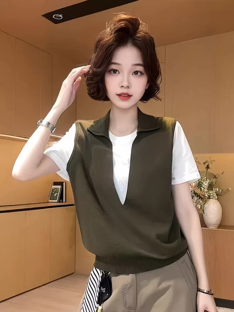 한 부서 캐주얼 페이크 레이어드 반팔 티셔츠 여성 여름 2026 새로운 빅 사이즈 지방 mm 작은 대중 디자인 센스 아름다운 맨위