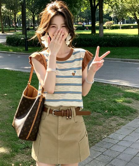 아메리칸 달콤한 자매 바람 스트라이프 작은 날다 소매 슬림해 보이는 반팔 티셔츠 여성 2026 여름 도파민 고유 한 아름다운 맨위