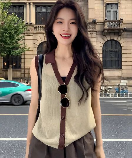 배색 폴로 칼라 얼음 실크 니트 조끼 여성 여름 외출용 2026 새로운 뒤로 홀로우 아웃 민소매 POLO 셔츠 맨위