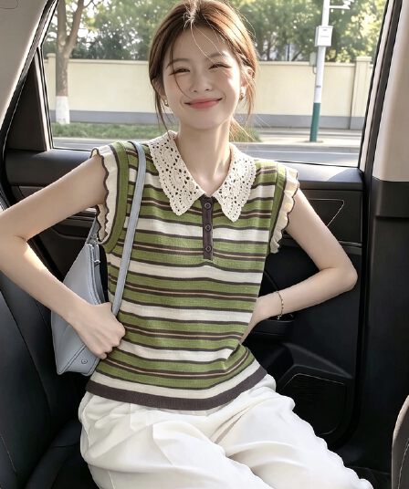 오래된 돈 바람 레이스 폴로 칼라 녹색 스트라이프 니트 반팔 티셔츠 여성 여름 고급 센스 민소매 맨위 고유 한 Chic