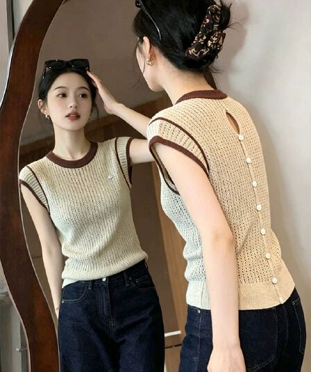 자이언트 잘 생긴 카키 색 니트 조끼 여성 여름 외출용 인사이드 가져 가라. 패션 레트로 다용도 몸매 가꾸기 홀로우 아웃 민소매 맨위