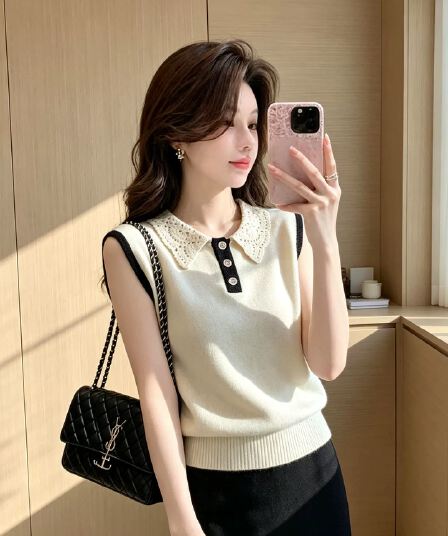 프랑스식 레이스 조각 폴로 칼라 티셔츠 여성 여름 배색 Chic 다용도 슬림해 보이는 맨위