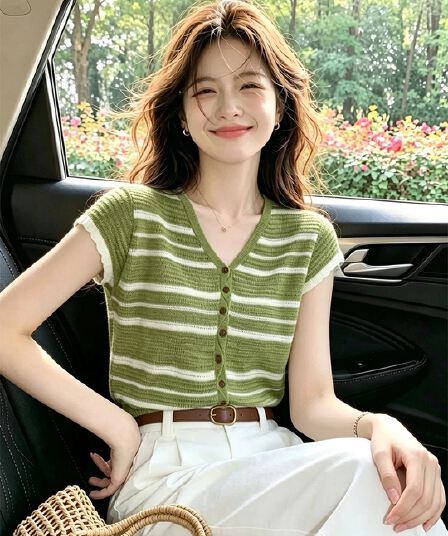 2026 슈퍼 화재 연령 감소 녹색 스트라이프 반팔 티셔츠 여성 여름 캐주얼 얇은 스타일 맨위 슈퍼 잘 생긴 니트 오픈 가디건