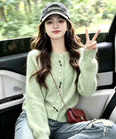 밝은 녹색 라운드 넥 스웨터 여성 코트 봄 가을 2026 새로운 와이드 부드러운 찹쌀 느긋한 니트 오픈 가디건 외부 잡아라. 의류