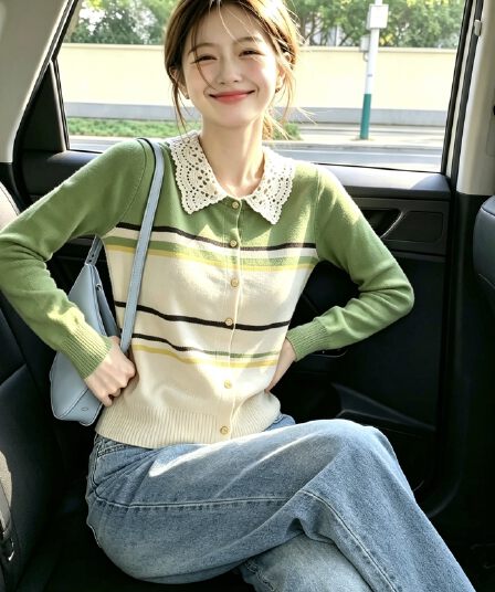 배색 스트라이프 레이스 베이비 칼라 니트 오픈 가디건 여성 이른 가을 부드러운 바람 몸매 가꾸기 슬림해 보이는 긴팔 예쁜 스웨터