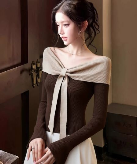달콤한 핫걸 오프숄더 나비 매듭 니트 기본 셔츠 여성 인사이드 가져 가라. 디자인 센스 가을 겨울 배색 패치워크 긴팔 맨위