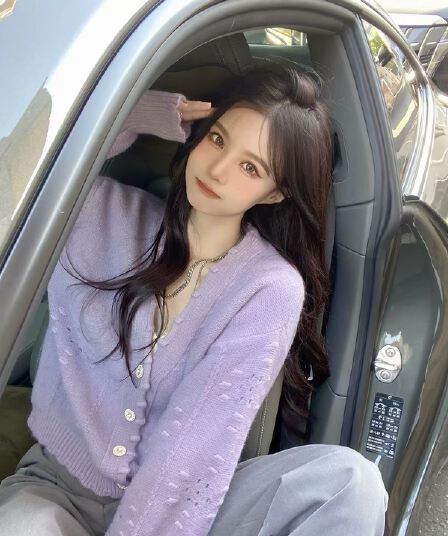 향기로운 芋 보라색 V넥 니트 오픈 가디건 여성 가을 얇은 스타일 따뜻한 부드럽다 찹쌀 벌룬 소매 홀로우 아웃 스웨터 코트 맨위