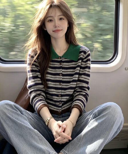 2026 이른 가을 레트로 폴로 칼라 스트라이프 니트 오픈 가디건 여성 새로운 느긋한 바람 외출용 따뜻한 부드럽다 찹쌀 연령 감소 맨위
