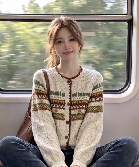 공정한 섬 자카드 스웨터 코트 가을 겨울 여성 의류 작은 키 레트로 라운드 넥 니트 오픈 가디건 몸매 가꾸기 쇼트 스타일 맨위
