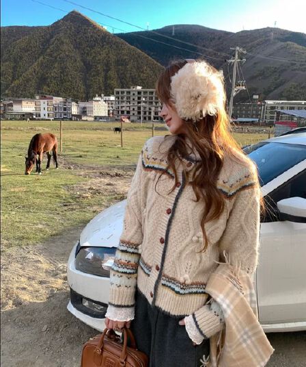무거운 작업 짜임 A 난초 훅 공정한 섬 배색 니트 오픈 가디건 루즈핏 레트로 부드러운 찹쌀 스웨터 여성 코트