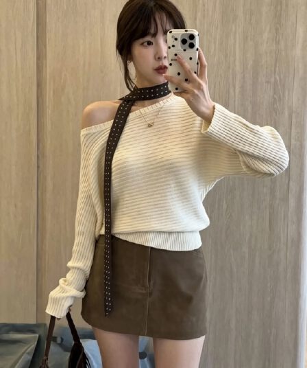 한 부서 레트로 도트 무늬 리본 비스듬한 칼라 오프숄더 배트윙 소매 니트 스웨터 가을 여성 의류 아주 게으른 루즈핏 스웨터 맨위