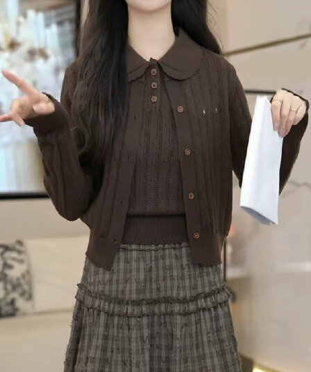 이른 가을 레트로 커피 색상 니트 두 조각 여성 세트 베이비 칼라 홀로우 아웃 조끼 오픈 가디건 부드러운 세트