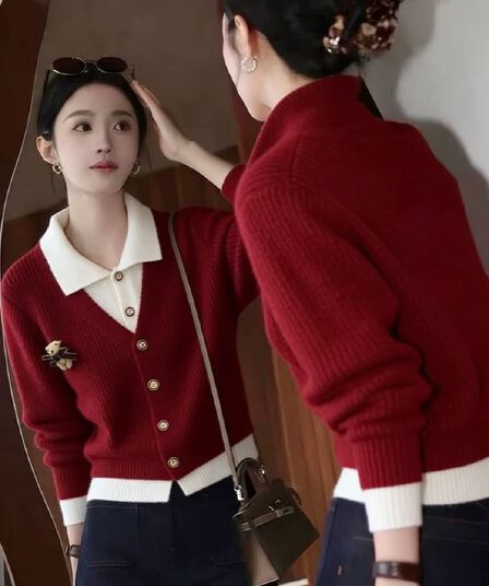 패션 페이크 레이어드 배색 POLO 칼라 니트 오픈 가디건 여성 가을 겨울 새로운 루즈핏 슬림해 보이는 빨간색 스웨터 맨위 서비스