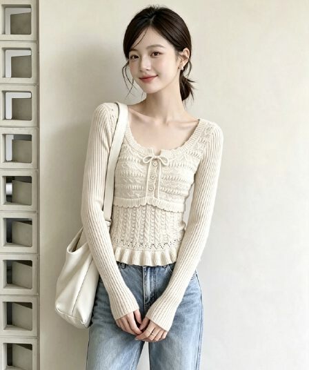 가을 새로운 부드러운 바람 광장 칼라 자수 니트 스웨터 여성 레이스업 허리 수축 슬림해 보이는 프릴 스웨터 맨위