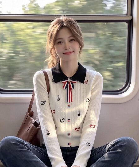 디자인 센스 학원 스타일 나비 매듭 핀 폴로 칼라 만화 자수 꽈배기 니트 풀오버 재킷