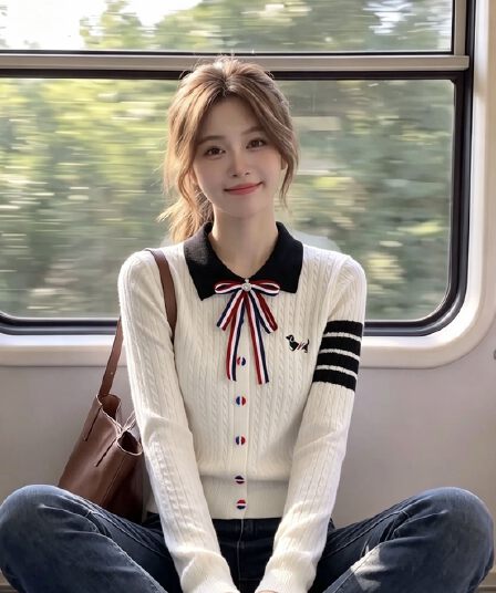 네 도로 바 나비 매듭 브로치 강아지 자수 POLO 칼라 꽈배기 니트 풀오버 긴팔 재킷