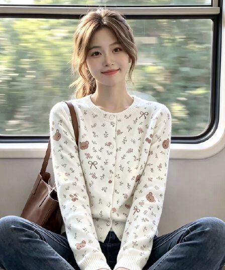 한 부서 달콤한 스타일 꽃무늬 작은 곰 니트 오픈 가디건 여성 2026 가을 새로운 연령 감소 슬림해 보이는 다용도 chic 맨위