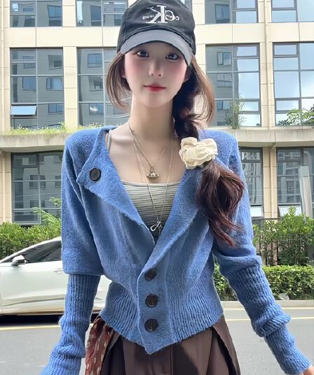 한 부서 파란색 니트 오픈 가디건 여성 코트 조기 가을 작은 키 느긋한 스웨터 허리 수축 캐주얼 그레이트 봐. 의류