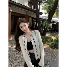 批发撞色白色小香风针织开衫女短款<b class='q'>修身</b>温柔风长袖毛衣外套秋上衣外套