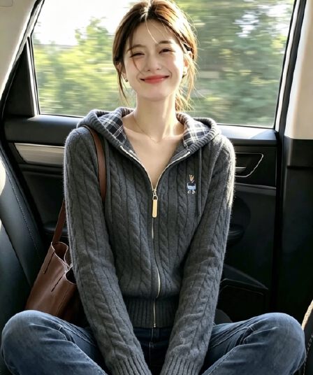 한 부서 부드러운 찹쌀 회색 꽈배기 학원 스타일 후드 지퍼 니트 오픈 가디건 여성 가을 긴팔 슬림해 보이는 연령 감소 맨위