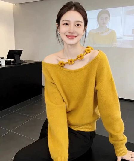 자이언트 잘 생긴 ~ 중 오프숄더 행침 목 꽃 니트 스웨터 여성 가을 겨울 고급 센스 두꺼운 스웨터 인사이드 가져 가라. 아름다운 맨위