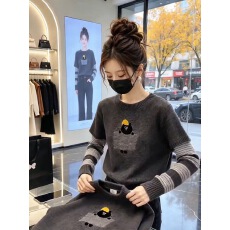 批发初秋卡通条纹拼接假两件针织毛衣女冬内搭洋气内搭打底衫上衣秋冬