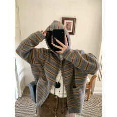 批发韩版学院风复古撞色条纹连帽针织<b class='q'>开衫</b>女秋冬季新款氛围感穿搭外套