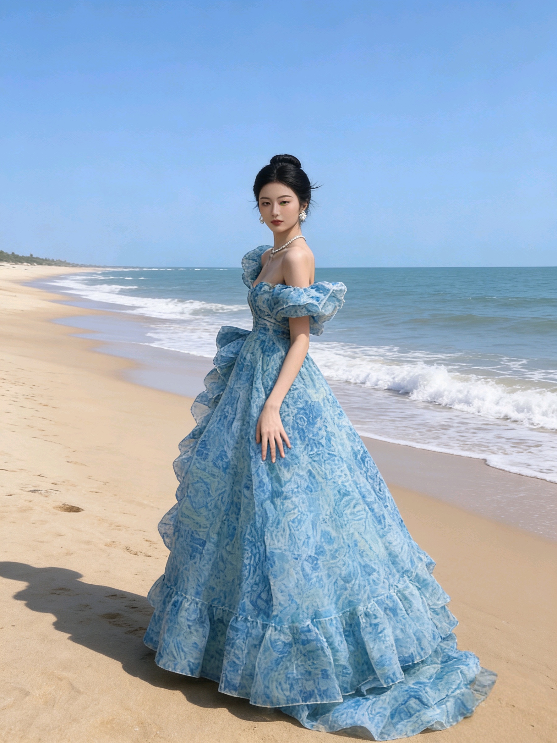졸업식 성인식 예복 치마 거품 소매 끌기 꼬리 드레스 꽃무늬 공주 퍼프 스커트 생일 치마