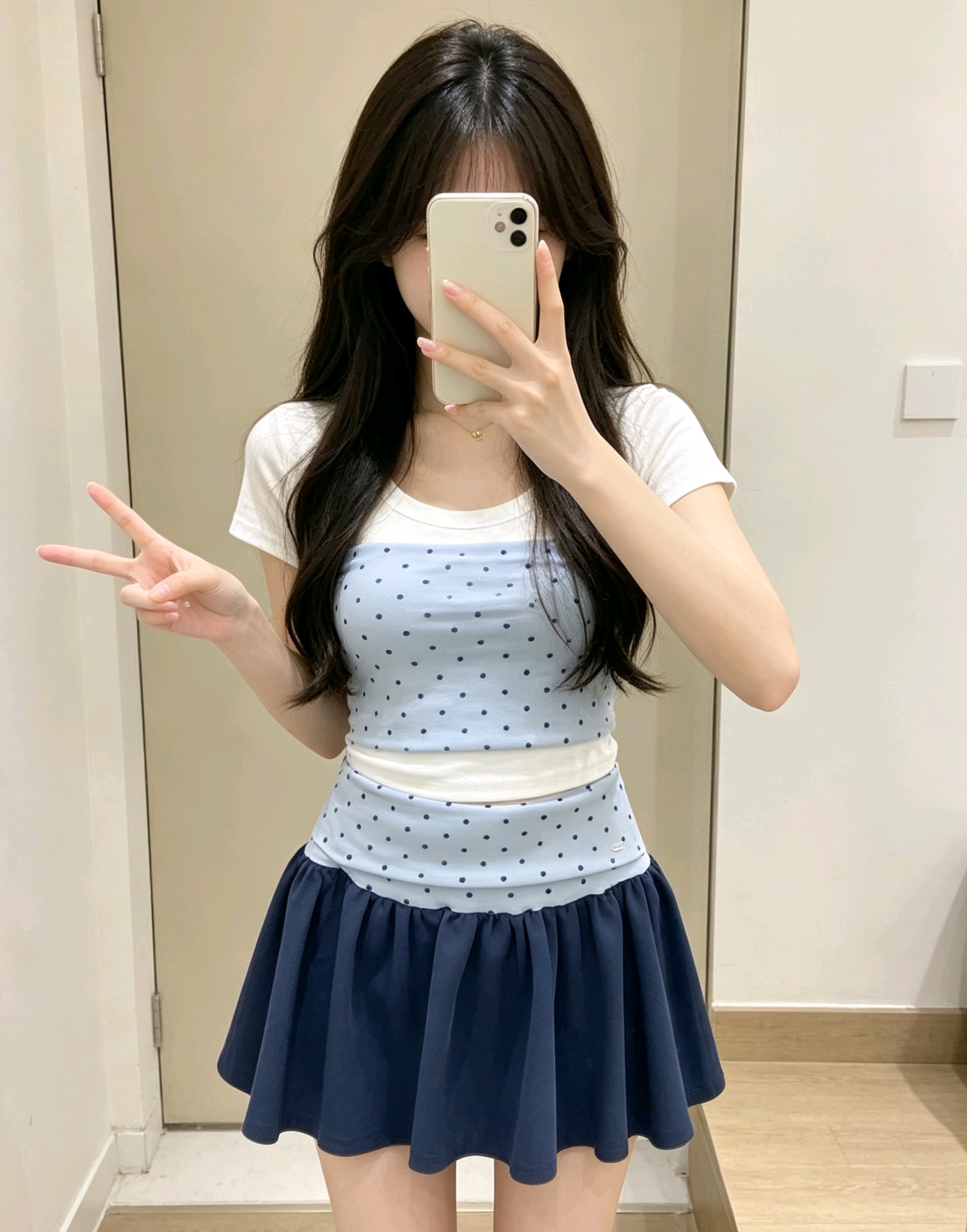 한 부서 학원 스타일 도트 무늬 패치워크 플리츠 스커트 여름 신선함 연령 감소 다용도 하이웨이스트 노출 방지 반신 미니 스커트 여성