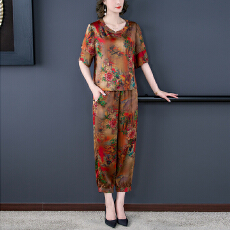 批发实拍中年妈妈时尚两件套2025新款夏季洋气印花套装阔太太休闲女装