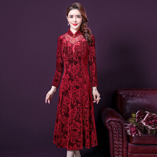 批发实拍秋季新款时尚妈妈礼服女婚宴高贵婚礼刺绣端庄洋气修身连衣裙