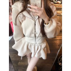 批发甜美少女风套装女秋冬季收腰显瘦连帽羊羔毛外套短款蓬蓬裙两件套