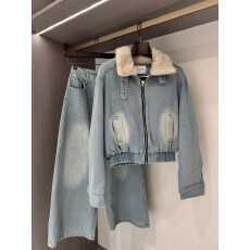 批发MIDO家 韩版羊羔毛领羽绒<b class='q'>牛仔</b>外套女+高腰直筒拖地<b class='q'>牛仔</b>裤2025<b class='q'>套装</b>