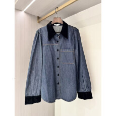 批发WH JIA冬季美式时髦撞色polo领拼接长袖<b class='q'>牛仔</b><b class='q'>衬衫</b>女百搭宽松<b class='q'>衬衣</b>