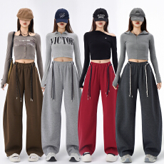 高端欧货2025秋季新款松紧高腰系带刺绣休闲卫裤女直筒阔腿弯刀裤