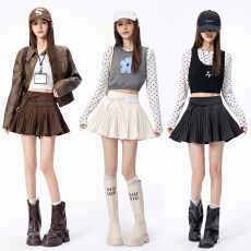 批发欲辣妹a字毛呢百褶短裙女春季新款减龄韩系高腰遮胯a字灰色半裙