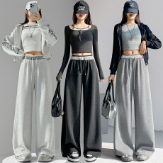 批发撞色拼接腰头<b class='q'>运动</b>裤女春季新款高腰抽绳松弛感垂感<b class='q'>百搭</b>糯米阔腿裤