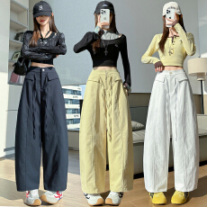 批发小个子水洗棉休闲阔腿裤女春季流行穿搭梨形身材显瘦<b class='q'>哈伦</b>镰刀裤子